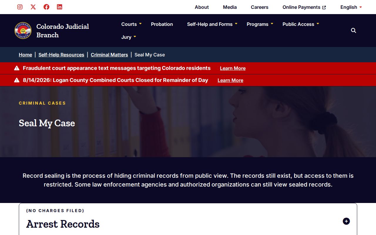 Colorado Judicial forms for sealing Kit Carson County arrest and booking records