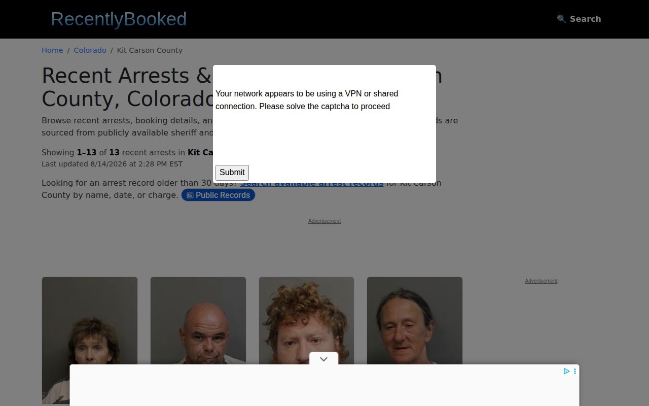 Unofficial RecentlyBooked Kit Carson County booking record coverage page