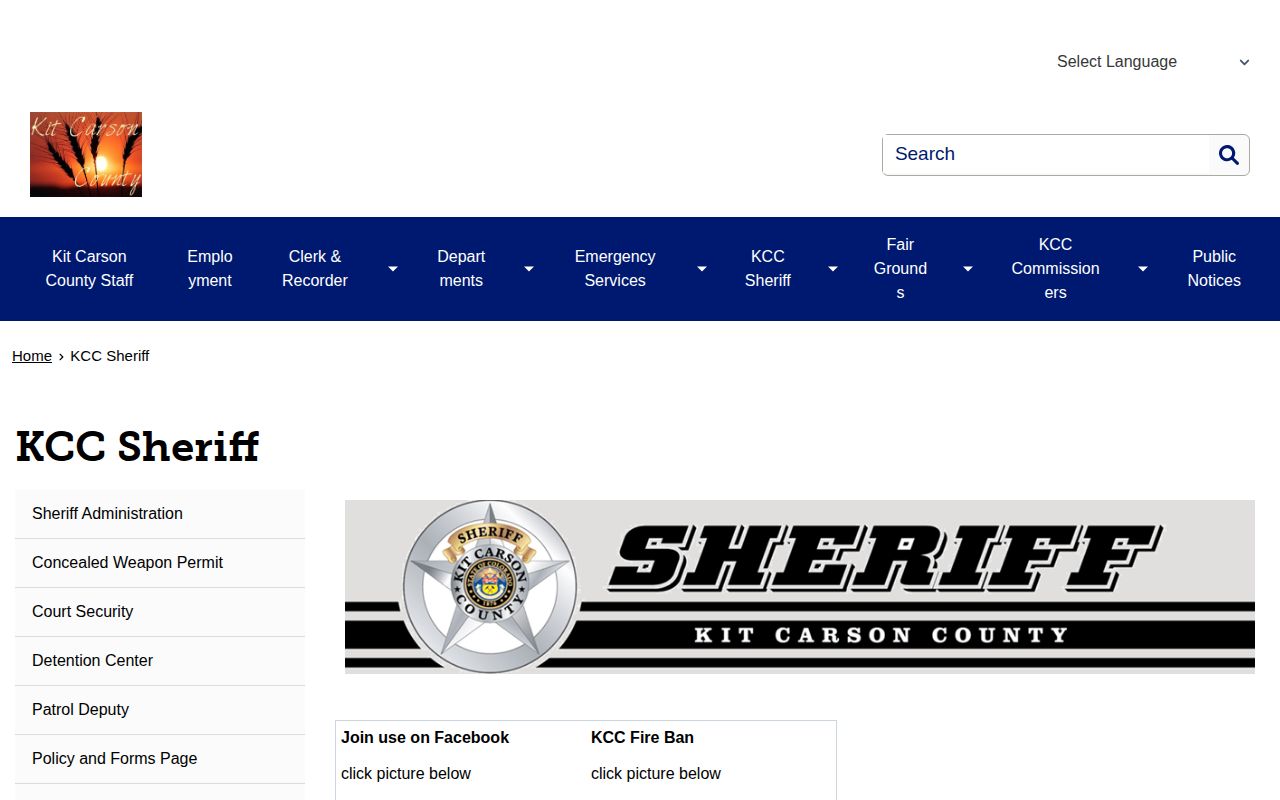 Kit Carson County Sheriff's Office warrant contact page